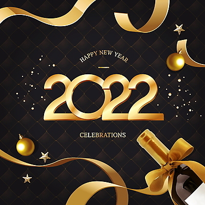 PSD 편집이미지 별 리본 근하신년 새해 타이포그라피 사람없음 검은색 장식볼 금색 해피뉴이어 샴페인병 오너먼트 2022년 임인년 이미지편집 자연요소 문자 컬러 크리스마스장식 술병 장식 새해인사 샴페인 연도 파일형식