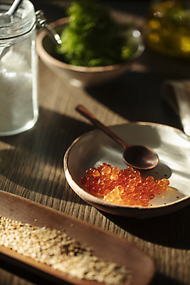 포토 JPG 접시 식재료 실내 따뜻함 그림자 사람없음 아웃포커스 소금 나무숟가락 날치알 나무그릇 나무탁자 소금통 국내포토 그릇 식기 탁자 촬영기법 내부 목재 알 숟가락 파일형식