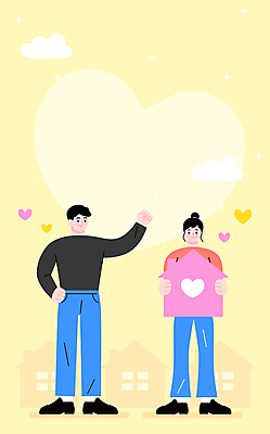 전신 구름 여자 남자 행복 일러스트 주택 서기 들기 성인 두명 노란색 주먹 기쁨 하트 내집마련 성인만 국내일러스트 AI파일 자연요소 모양 감정 컬러 모션 부동산 사람 건물 파일형식 벡터