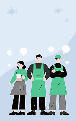 전신 여자 남자 허리손 하늘색 말풍선 일러스트 주전자 서기 들기 성인 세명 팔짱 앞치마 사회이슈 걱정 자영업 매출 성인만 소상공인 코로나바이러스 속상함 포스트코로나 델타변이바이러스 위드코로나 국내일러스트 AI파일 직업 감정 포즈 컨셉 비즈니스 모션 주방용품 사람 경제 파란색 바이러스 상인 파일형식 벡터