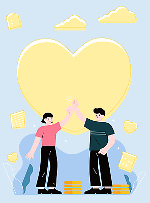 전신 구름 여자 남자 하늘색 잎 일러스트 서기 성인 두명 노란색 마주보기 동전 하트 하이파이브 정부정책 성인만 청년정책 국내일러스트 AI파일 자연요소 모양 식물 컬러 돈 모션 사람 손짓 파란색 복지 정책 파일형식 벡터