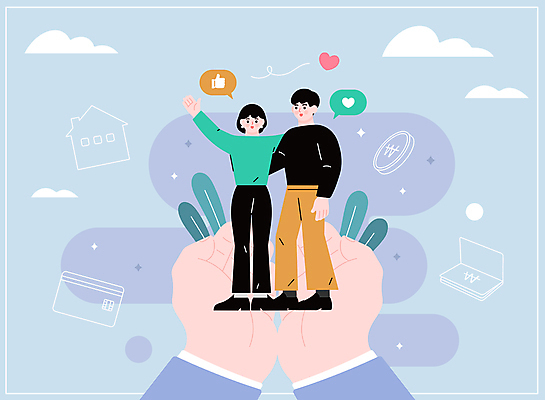 전신 구름 손 커플 여자 남자 하늘색 말풍선 일러스트 어깨동무 주택 서기 성인 두명 신체부위 동전 하트 신용카드 통장 손모으기 정부정책 성인만 청년정책 국내일러스트 AI파일 자연요소 모양 포즈 돈 관계 모션 사람 손짓 건물 금융 파란색 복지 정책 파일형식 벡터