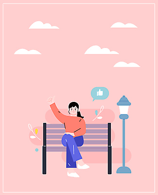 전신 구름 여자 행복 분홍색 말풍선 잎 가로등 벤치 일러스트 한명 앉기 성인 다리꼬기 최고 손모양 성인여자한명만 자존감 자기애 국내일러스트 AI파일 자연요소 모양 식물 1 공공시설 감정 컬러 의자 모션 사랑 사람 여자한명만 성인여자만 파일형식 벡터 손_신체부위