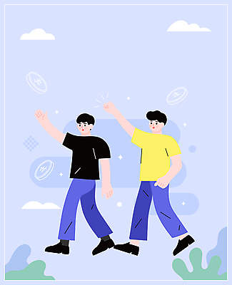 전신 구름 남자 행복 일러스트 청년 성인 두명 걷기 동전 주먹 기쁨 풀 연보라색 정부정책 지원 성인남자만 지원금 청년정책 국내일러스트 AI파일 자연요소 식물 감정 돈 모션 사람 보라색 복지 정책 남자만 성인만 파일형식 벡터