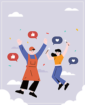 전신 구름 여자 남자 행복 일러스트 하늘 성인 두명 점프 보라색 앞치마 기쁨 만세 하트 붓 최고 자영업 꽃가루 손모양 리뷰 소셜네트워크 피드백 좋음 성인만 소상공인 국내일러스트 AI파일 자연요소 모양 직업 감정 컬러 컨셉 비즈니스 모션 사람 경제 가루 상인 파일형식 벡터 손_신체부위