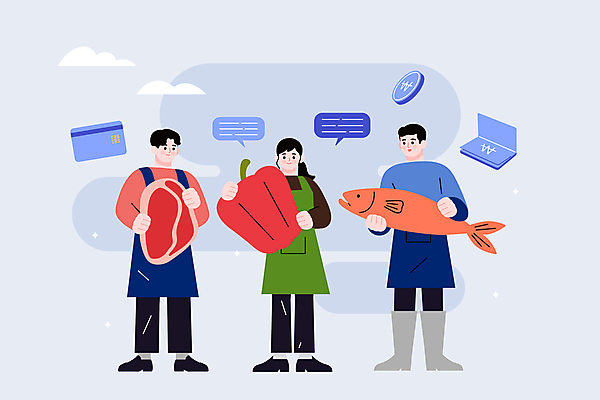 전신 여자 남자 하늘색 말풍선 일러스트 파프리카 생고기 어류 서기 들기 성인 세명 동전 신용카드 사회이슈 통장 자영업 긴급재난지원 성인만 소상공인 지역화폐 코로나바이러스 긴급재난지원금 포스트코로나 델타변이바이러스 지원금 위드코로나 국내일러스트 AI파일 직업 컨셉 돈 채소 비즈니스 모션 육류 사람 금융 경제 파란색 수중동물 바이러스 상인 정부정책 지원 파일형식 벡터