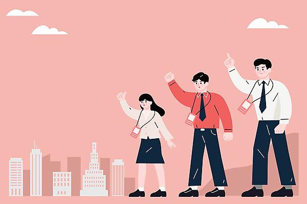 전신 구름 여자 남자 분홍색 일러스트 응원 서기 빌딩 성인 건물 세명 파이팅 주먹 최고 비즈니스맨 비즈니스우먼 사원증 성인만 국내일러스트 AI파일 자연요소 건축물 컬러 비즈니스 모션 사람 직장인 파일형식 벡터