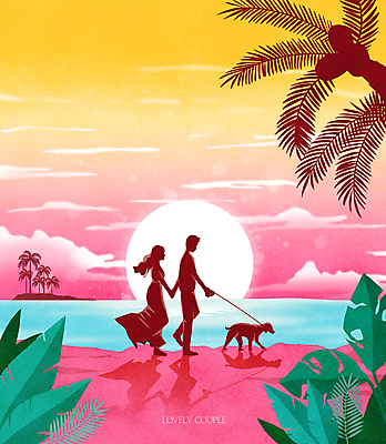전신 PSD 커플 여자 남자 실루엣 반려견 분홍색 일러스트 그림자 성인 해변 두명 야자수 태양 노란색 걷기 노을 손잡기 산책 강아지 목줄 열대잎 성인만 국내일러스트 자연요소 나무 바다 컬러 잎 관계 모션 휴식 촬영기법 사람 반려동물 개 파일형식 반려용품