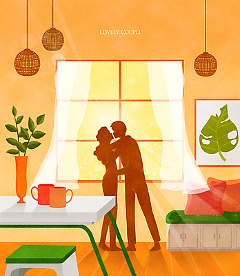 전신 PSD 커플 여자 남자 실루엣 화분 액자 일러스트 창문 포옹 조명 실내 서기 성인 두명 컵 인테리어 소파 햇빛 마주보기 주황색 커튼 신혼집 성인만 국내일러스트 식기 디자인 컬러 의자 관계 안기 모션 촬영기법 사람 내부 태양 파일형식