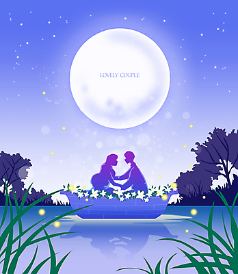 전신 PSD 커플 여자 남자 꽃 실루엣 별 호수 야경 일러스트 그림자 상반신 성인 두명 파란색 마주보기 로맨틱 보름달 달빛 반딧불이 조각배 성인만 국내일러스트 자연요소 식물 컬러 곤충 컨셉 배_교통 관계 모션 촬영기법 사람 달 야간 파일형식 풍경_경치