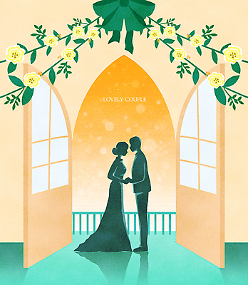 전신 PSD 커플 여자 남자 꽃 실루엣 리본 웨딩드레스 일러스트 결혼식 그림자 서기 성인 두명 초록색 문 마주보기 손잡기 주황색 신랑신부 성인만 국내일러스트 식물 드레스 신부_웨딩 컬러 신랑 결혼 관계 모션 촬영기법 사람 파일형식