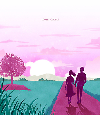 전신 PSD 나무 구름 커플 여자 남자 실루엣 일러스트 그림자 풍경 성인 두명 태양 걷기 노을 손잡기 보라색 일몰 산책 시골길 성인만 국내일러스트 자연요소 식물 길 컬러 관계 모션 휴식 촬영기법 사람 파일형식