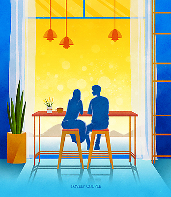 전신 PSD 커플 응시 여자 남자 실루엣 화분 여유 의자 일러스트 창문 탁자 조명 실내 그림자 앉기 풍경 성인 두명 파란색 노란색 커튼 창가 성인만 국내일러스트 시선 감정 컬러 가구 관계 모션 촬영기법 사람 내부 파일형식