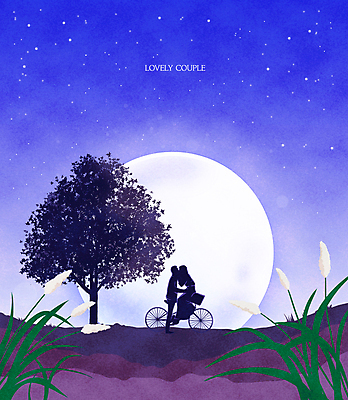 전신 PSD 나무 커플 여자 남자 꽃 실루엣 별 일러스트 밤하늘 키스 갈대 그림자 서기 앉기 성인 두명 파란색 마주보기 자전거 보름달 달빛 언덕 성인만 국내일러스트 자연요소 식물 컬러 관계 모션 하늘 촬영기법 사람 바이크 달 야간 애정표현 파일형식