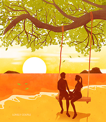 전신 PSD 나무 구름 커플 여자 남자 실루엣 바다 섬 일러스트 나뭇잎 그림자 성인 해변 두명 태양 마주보기 노을 주황색 일몰 나무그네 성인만 국내일러스트 자연요소 식물 컬러 잎 관계 모션 촬영기법 사람 그네 파일형식
