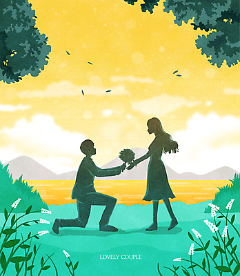 전신 PSD 구름 커플 여자 남자 실루엣 호수 꽃다발 프로포즈 일러스트 자연 산 그림자 서기 들기 풍경 성인 두명 초록색 노란색 마주보기 봄 무릎꿇기 성인만 국내일러스트 자연요소 계절 꽃 컬러 관계 모션 촬영기법 사람 생태계 파일형식