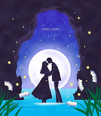 전신 PSD 커플 여자 남자 꽃 실루엣 일러스트 그림자 풍경 성인 두명 파란색 마주보기 보름달 동굴 달빛 반딧불이 성인만 국내일러스트 식물 컬러 곤충 관계 모션 촬영기법 사람 달 파일형식