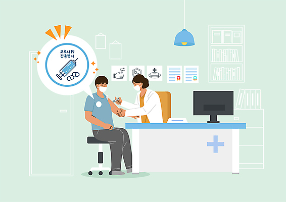 전신 PSD 여자 남자 일러스트 조명 병원 주사기 마스크 앉기 상반신 성인 두명 연두색 모니터 의사 배지 백신 성인만 코로나바이러스 포스트코로나 백신접종 백신인센티브 위드코로나 국내일러스트 의학 의료기기 모션 사람 초록색 컴퓨터 의료진 바이러스 사회이슈 접종 파일형식 혜택