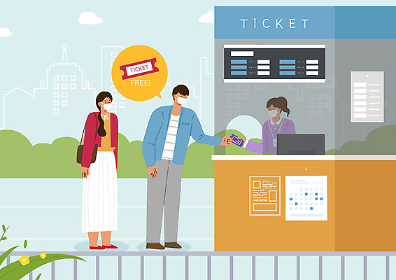 전신 PSD 공공시설 여자 남자 하늘색 말풍선 일러스트 마스크 들기 상반신 성인 세명 티켓 매표소 무료 성인만 코로나바이러스 포스트코로나 백신접종 백신인센티브 위드코로나 국내일러스트 모션 사람 파란색 바이러스 사회이슈 시설 백신 접종 파일형식 혜택