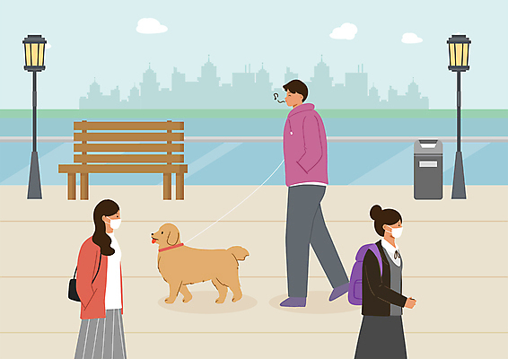 전신 PSD 한마리 공원 여자 남자 반려견 하늘색 가로등 벤치 일러스트 청소년 마스크 상반신 성인 야외 세명 강 걷기 산책 쓰레기통 개 강아지 목줄 코로나바이러스 포스트코로나 노마스크 백신접종 백신인센티브 위드코로나 국내일러스트 1 공공시설 의자 포유류 모션 휴식 사람 파란색 반려동물 바이러스 사회이슈 백신 접종 파일형식 혜택 반려용품