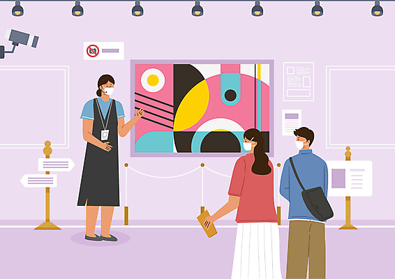 전신 PSD 여자 남자 일러스트 조명 안내 상반신 성인 세명 세일 보라색 표지판 미술관 박물관 작품 감시카메라 큐레이터 성인만 코로나바이러스 포스트코로나 백신접종 백신인센티브 위드코로나 국내일러스트 직업 컬러 알림판 미술 사람 카메라 바이러스 사회이슈 백신 접종 파일형식 혜택