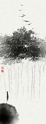 PSD 나무 실루엣 여러마리 일러스트 캘리그라피 조류 붓터치 사람모양 산책 비행 숲 동양화 가로수 번짐 사색 낙관 국내일러스트 모양 식물 동물 다수 생각 휴식 촬영기법 미술 파일형식 효과