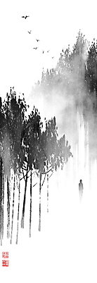 PSD 나무 실루엣 여러마리 일러스트 캘리그라피 조류 붓터치 산 사람모양 산책 비행 숲 동양화 가로수 번짐 사색 낙관 국내일러스트 모양 식물 동물 다수 생각 휴식 촬영기법 미술 파일형식 효과