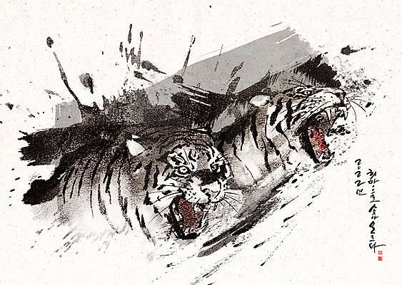 PSD 손글씨 두마리 일러스트 새해 수묵화 글자캘리그라피 사람없음 호랑이띠 동양화 낙관 포효 2022년 임인년 흑호 국내일러스트 2 캘리그라피 미술 외침 십이지신 호랑이 연도 파일형식