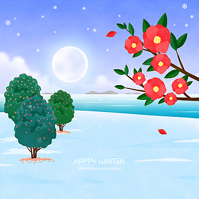 PSD 꽃잎 바다 겨울 일러스트 밤하늘 사람없음 보름달 나뭇가지 눈 눈송이 야간 감성 동백 낙화 동백나무 겨울풍경 눈덮임 국내일러스트 자연요소 나무 계절 꽃 컨셉 하늘 날씨 눈_날씨 풍경 달 파일형식