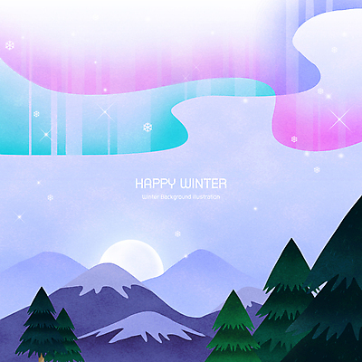 PSD 나무 겨울 일러스트 하늘 사람없음 보름달 눈 눈송이 신비 감성 오로라 눈내림 겨울풍경 설산 국내일러스트 자연요소 식물 계절 컨셉 자연현상 날씨 산 눈_날씨 풍경 달 파일형식