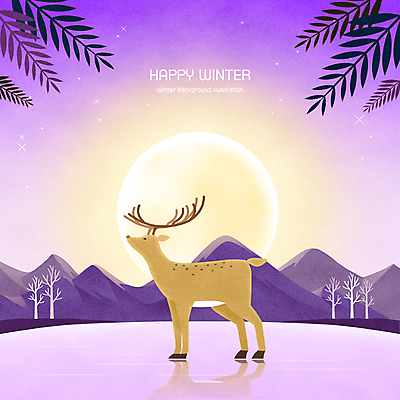 PSD 나무 한마리 호수 겨울 일러스트 밤하늘 사슴 나뭇잎 산 사람없음 보라색 보름달 야간 감성 빙판 겨울풍경 국내일러스트 자연요소 식물 1 계절 컬러 컨셉 잎 포유류 하늘 풍경 달 파일형식