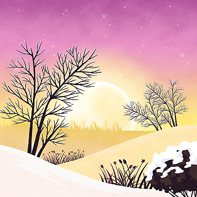 PSD 나무 분홍색 겨울 일러스트 밤하늘 사람없음 노란색 보름달 눈 야간 달빛 언덕 감성 겨울풍경 눈덮임 국내일러스트 자연요소 식물 계절 컬러 컨셉 하늘 날씨 풍경 달 파일형식