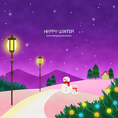 PSD 나무 크리스마스 겨울 가로등 일러스트 눈사람 밤하늘 산 주택 사람없음 보라색 목도리 눈 눈송이 야간 감성 알전구 언덕길 눈내림 겨울풍경 국내일러스트 자연요소 식물 잡화 계절 공공시설 기념일 길 컬러 컨셉 전구 하늘 날씨 눈_날씨 풍경 건물 파일형식