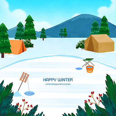 PSD 나무 구름 열매 호수 하늘색 겨울 일러스트 하늘 산 텐트 사람없음 풀 낚싯대 양동이 감성 빙판 얼음낚시 간이의자 얼음구멍 겨울풍경 국내일러스트 자연요소 식물 계절 컨셉 의자 낚시 캠핑도구 풍경 파란색 낚시용품 파일형식