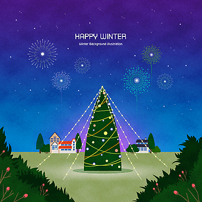 PSD 열매 별 크리스마스 겨울 일러스트 밤하늘 주택 폭죽 불꽃놀이 사람없음 파란색 크리스마스트리 마을 풀 야간 감성 알전구 겨울풍경 국내일러스트 자연요소 식물 계절 기념일 컬러 컨셉 전구 놀이 하늘 풍경 건물 파일형식