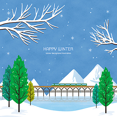 PSD 나무 겨울 일러스트 하늘 사람없음 파란색 강 반사 기찻길 기차 나뭇가지 눈 눈송이 겨울산 감성 가교 눈내림 겨울풍경 설산 눈덮임 국내일러스트 자연요소 식물 건축물 계절 육상교통 컬러 컨셉 날씨 산 대중교통 눈_날씨 풍경 파일형식