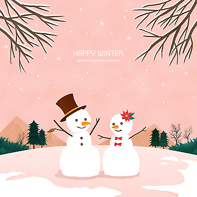 PSD 나무 모자 커플 꽃 분홍색 겨울 일러스트 눈사람 하늘 산 사람없음 나뭇가지 눈 눈송이 언덕 감성 겨울풍경 눈덮임 국내일러스트 자연요소 식물 잡화 계절 컬러 컨셉 관계 날씨 눈_날씨 풍경 파일형식