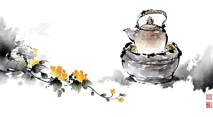 PSD 꽃 잎 일러스트 캘리그라피 주전자 붓터치 전통소품 사람없음 차 덩굴 동양화 번짐 낙관 화로 정물화 국내일러스트 식물 전통 그릇 음료 주방용품 미술 오브젝트 그림 파일형식 효과