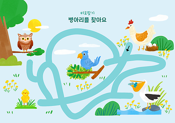 PSD 나무 꽃 하늘색 잎 여러마리 일러스트 병아리 어류 사람없음 태양 계란 나뭇가지 닭 둥지 펠리컨 앵무새 부엉이 미로 미로찾기 파랑새 국내일러스트 자연요소 식물 다수 조류 파란색 알 수중동물 파일형식