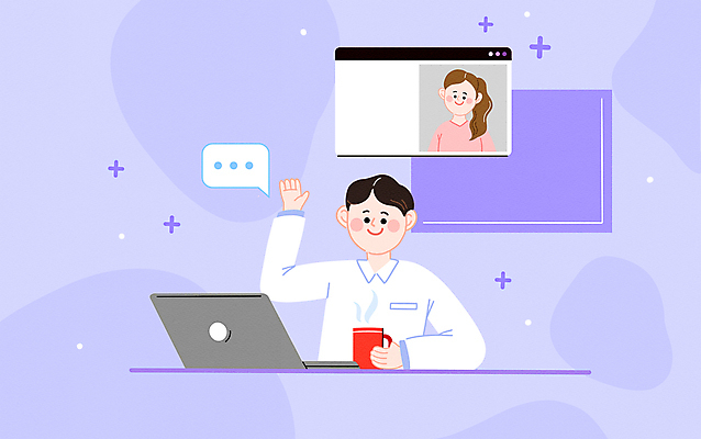 PSD 여자 남자 일러스트 들기 상반신 성인 두명 노트북 보라색 머그컵 직장인 비즈니스맨 비즈니스우먼 창업 손인사 온라인 화상통화 성인만 벤처기업 중소기업 언택트 온택트 국내일러스트 직업 컬러 회사 비즈니스 모션 사람 컵 전자제품 인사 자영업 통화 파일형식