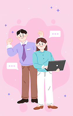 전신 PSD 여자 남자 분홍색 말풍선 일러스트 서기 들기 성인 두명 노트북 직장인 비즈니스맨 비즈니스우먼 온라인 성인만 벤처기업 중소기업 언택트 온택트 국내일러스트 직업 컬러 회사 비즈니스 모션 사람 전자제품 파일형식