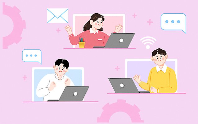PSD 여자 남자 분홍색 말풍선 일러스트 상반신 성인 세명 노트북 직장인 비즈니스맨 비즈니스우먼 이메일 톱니바퀴 연필꽂이 와이파이 창업 온라인 IT산업 화상통화 성인만 벤처기업 중소기업 언택트 온택트 국내일러스트 직업 산업 컬러 회사 비즈니스 문구용품 정보기술 사람 전자제품 무선인터넷 자영업 통화 파일형식