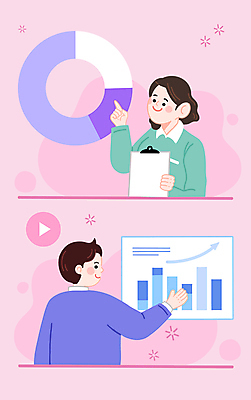 PSD 여자 남자 분홍색 일러스트 회의 상반신 성인 두명 가리킴 직장인 비즈니스맨 비즈니스우먼 막대그래프 분석 창업 원그래프 온라인 성인만 벤처기업 중소기업 언택트 온택트 국내일러스트 직업 컬러 컨셉 회사 비즈니스 그래프 사람 손짓 자영업 파일형식