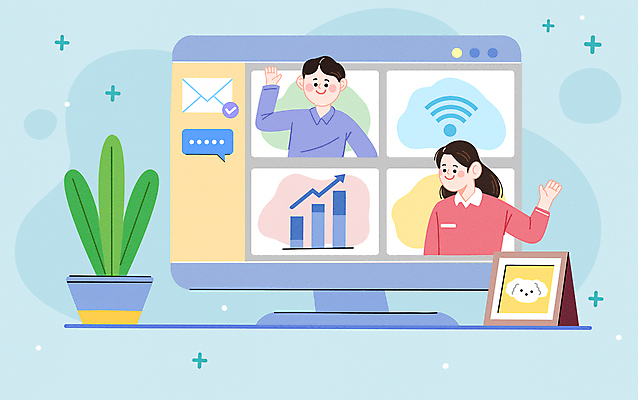 PSD 여자 남자 화살표 화분 하늘색 말풍선 일러스트 그래프 상반신 성인 두명 모니터 직장인 비즈니스맨 비즈니스우먼 이메일 강아지 앨범 와이파이 창업 손인사 온라인 메신저 성인만 벤처기업 중소기업 언택트 온택트 국내일러스트 직업 회사 비즈니스 사람 파란색 반려동물 컴퓨터 인사 개 무선인터넷 자영업 파일형식