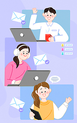 PSD 여자 남자 말풍선 일러스트 들기 상반신 성인 세명 노트북 보라색 헤드셋 머그컵 직장인 비즈니스맨 비즈니스우먼 이메일 손인사 온라인 메신저 성인만 벤처기업 중소기업 언택트 온택트 국내일러스트 직업 컬러 음향기기 회사 비즈니스 모션 사람 컵 전자제품 헤드폰 인사 파일형식