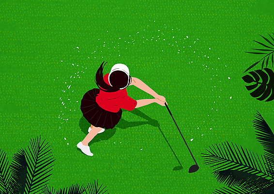 전신 PSD 여자 골프 일러스트 골프장 필드 한명 들기 성인 초록색 하이앵글 골프채 스윙 열대잎 성인여자한명만 국내일러스트 1 뷰포인트 컬러 포즈 잎 스포츠시설 모션 골프용품 사람 구기 여자한명만 성인여자만 파일형식