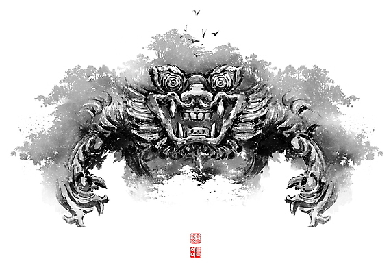 PSD 나무 여러마리 일러스트 캘리그라피 조류 붓터치 산 형상 사람없음 계곡 숲 동양화 도깨비 번짐 낙관 도깨비문양 형상화 산맥 국내일러스트 식물 동물 문양 다수 미술 그림 파일형식 효과