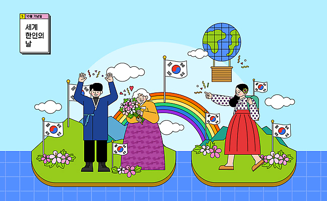 전신 구름 여자 기념일 노년 남자 지구 할머니 바다 꽃다발 무지개 일러스트 산 서기 들기 청년 성인 세명 세계 열기구 가리킴 태극기 한복 꽃가루 무궁화 10월 세계한인의날 국내일러스트 AI파일 자연요소 한국전통 꽃 항공교통 모션 사람 손짓 이벤트 날짜 국기 전통의상 가루 파일형식 벡터 법정기념일