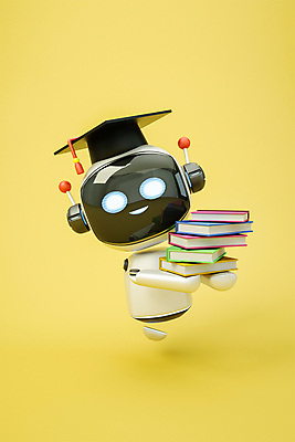 PSD 편집 편집이미지 학사모 3D캐릭터 정보기술 들기 사람없음 책 노란색 3D 로봇 디지털합성 책더미 편집소스 채팅봇 AI_인공지능 편집3D 캐릭터 모자_잡화 컬러 졸업 모션 기술 무더기 파일형식