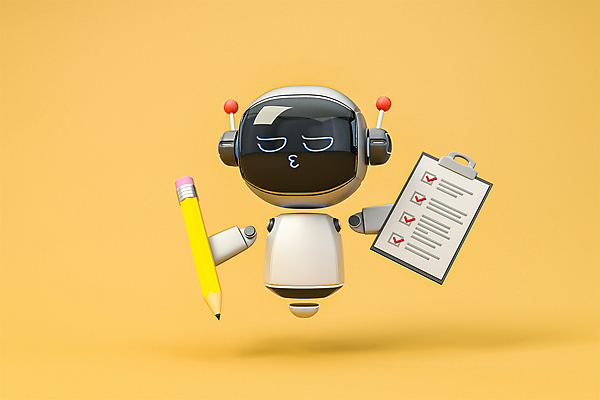 PSD 편집 편집이미지 3D캐릭터 정보기술 들기 사람없음 연필 노란색 3D 로봇 디지털합성 문서 삐침 서류판 체크리스트 편집소스 채팅봇 AI_인공지능 편집3D 캐릭터 감정 컬러 모션 학용품 기술 필기구 사무용품 파일형식